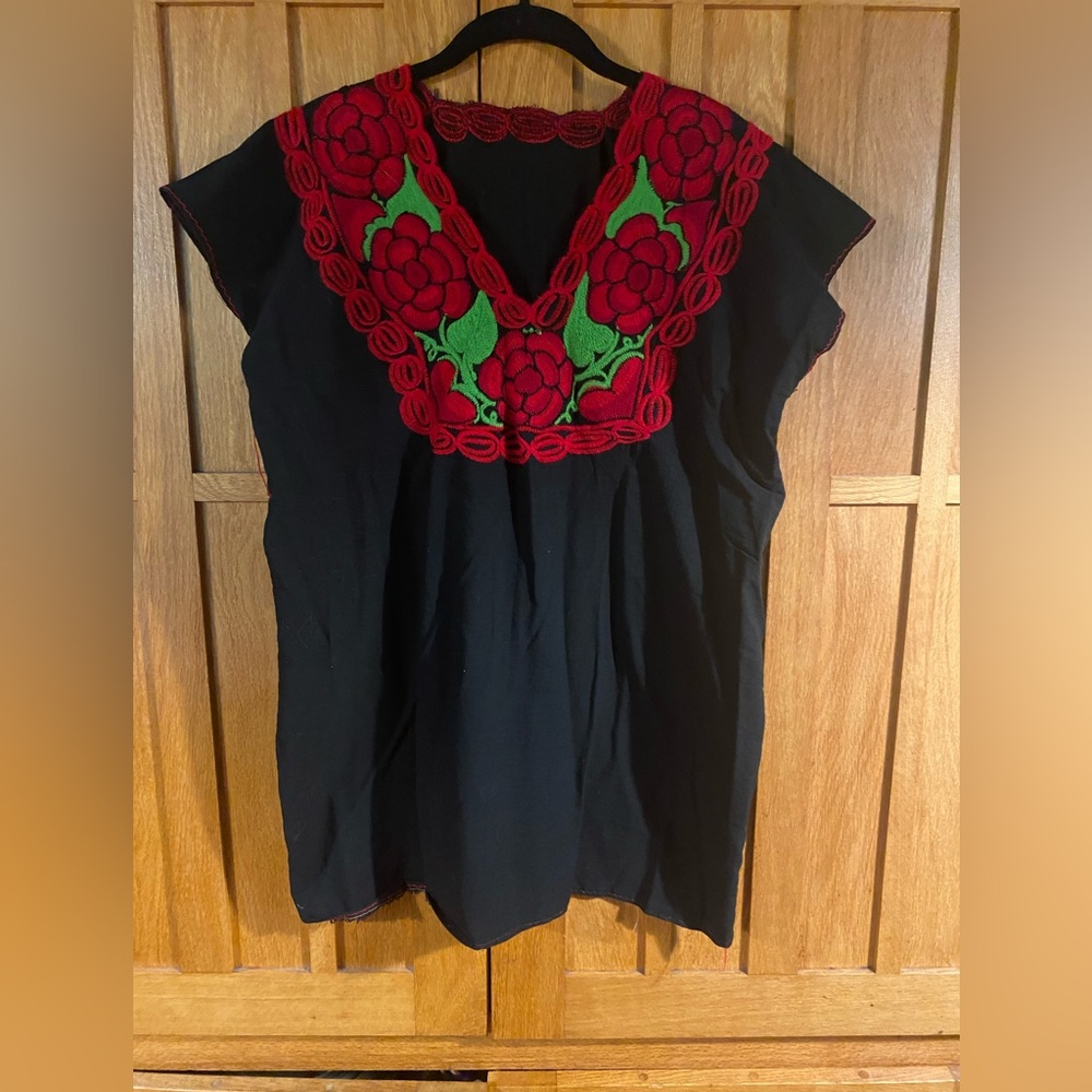 Embroidered Black Tunic with Red Floral Design